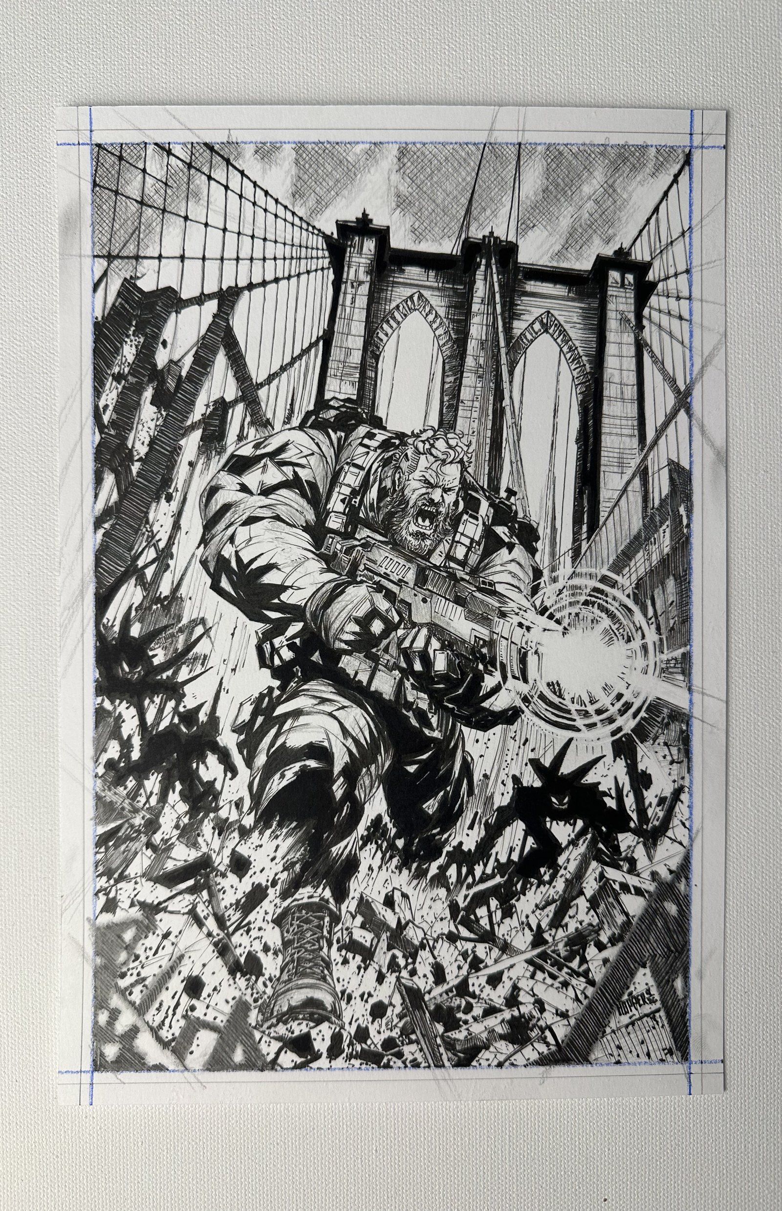 The Battle of Brooklyn Bridge, the original pencil and ink on paper