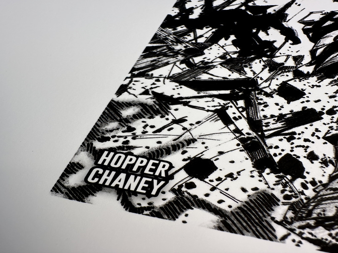 Ink texture surrounds the Hopper Chaney credit block.