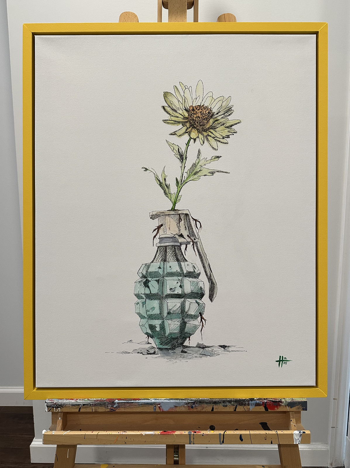 Beauty Over Violence No. 1, pen and watercolor on canvas, 2025